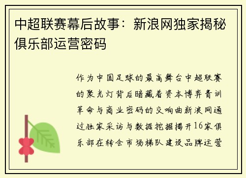 中超联赛幕后故事：新浪网独家揭秘俱乐部运营密码