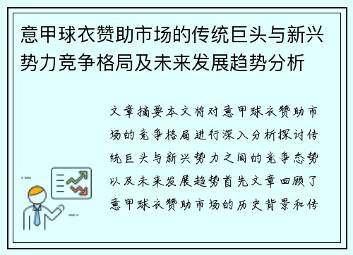 意甲球衣赞助市场的传统巨头与新兴势力竞争格局及未来发展趋势分析